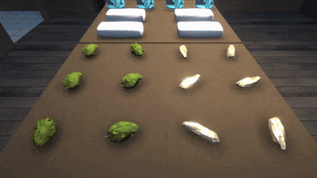 A variety of products on top of a table, followed by the player driving through town.