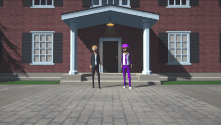 Two players standing side by side outside a mansion